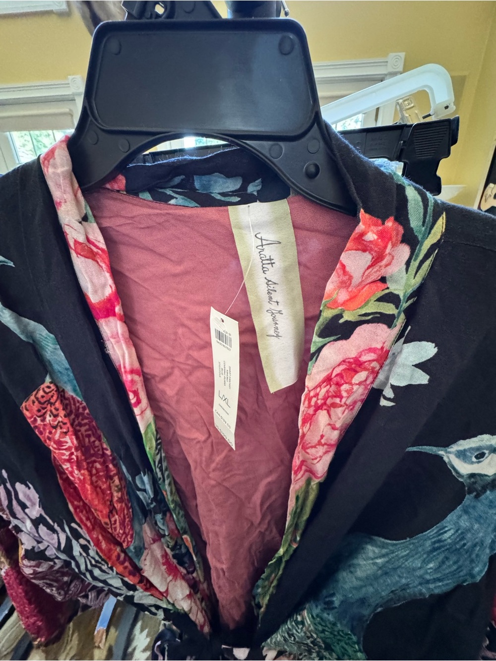 Aratta Black Velvet Kimono Robe with Pink & Green Peacock Print - Picture 5 of 6
